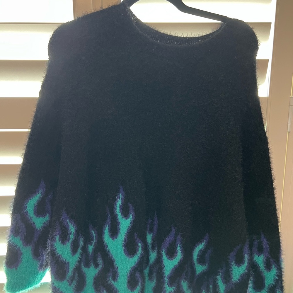 Adika Black Sweater with Blue and Purple Flame Design